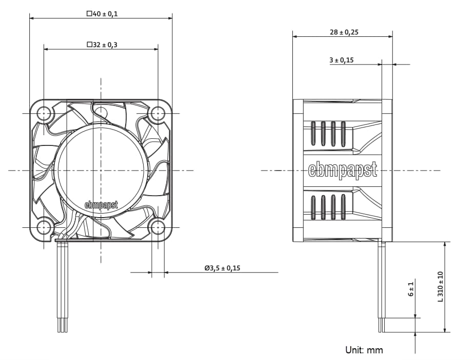 Mechanical Drawing - ebm-papst AxiForce 40 Series Efficient, Quiet DC Axial Fans